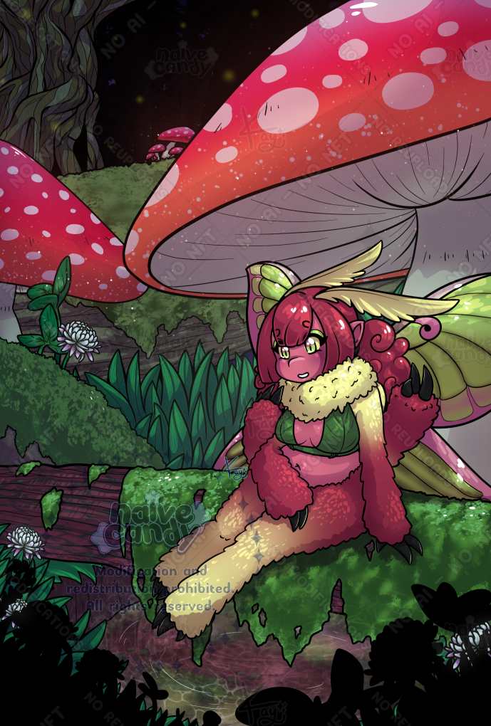 An illustration of a moth girl character sitting on a mossy stick over a small hole in the ground filled with water. There are red mushrooms and a forested scene behind her. The moth girl has thick fluff around her neck, four fluffy arms, two fluffy legs, and a normal set of moth wings with fluffy antennae. She has two puffy, curly pigtails, but straight cut bangs that frame her face. She is wearing a top that seems like a bikini top, made out of leaves and vines. The character is based on a hybrid Chinese Moon Moth and Spanish Moon Moth.