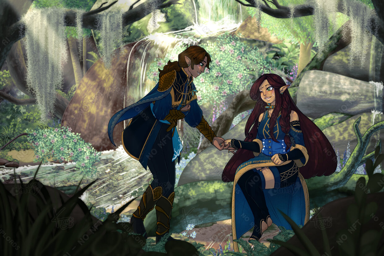 Two original characters in a forested scene. The environment depicts a mountain stream with lush vegetation, including flowers of oleander, delphinium, and forget-me-nots. The character on the left (Somnium, he/him, belongs to Scotty) has one hand across his chest as though bowing, with the other hand outstretched toward the second character. There is a gentle smile on his face. The second character, Nephrite (they/she), is seated on a horizontal log, placing their hand in Somnium's with their right eye winked shut and a happy smile on their face as well.