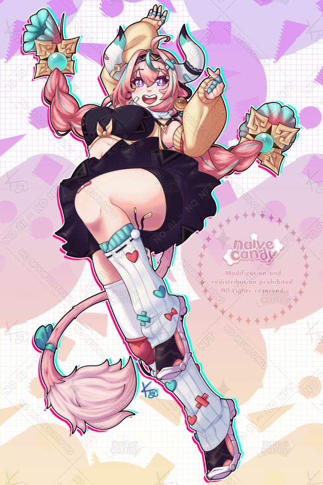 An illustration of the character Varesa from Genshin Impact. She is a pink haired girl with the horns, ears, and tail of a cow. Her hair is in two braided pigtails with gold and jewel ties. On her left ear is a gold bell attached like an earring. She had a fur-necked half-shirt and detached knit sleeves. She wears a skort (skirt + shorts), white knit leg warmers, a love-heart-print knee brace (her right knee), and one white thigh-high (her right leg). She is mid-fall and the camera is somewhat below her. She is facing the camera with one arm in the air behind her and the other crossing her index finger and thumb to make a love-heart gesture. There is a geometric patterned background behind her. She has a large open-mouthed smile and overall looks very excited.